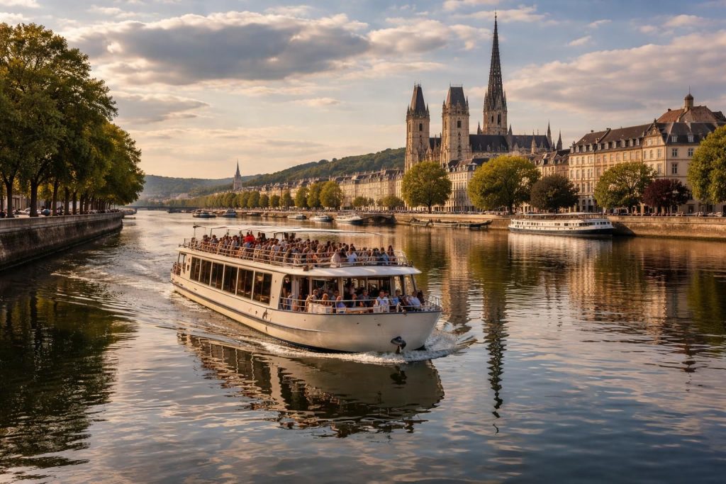 découvrez la beauté de rouen lors d'une croisière inoubliable sur la seine. profitez d'une balade paisible pour admirer les monuments historiques et les paysages pittoresques de la ville.