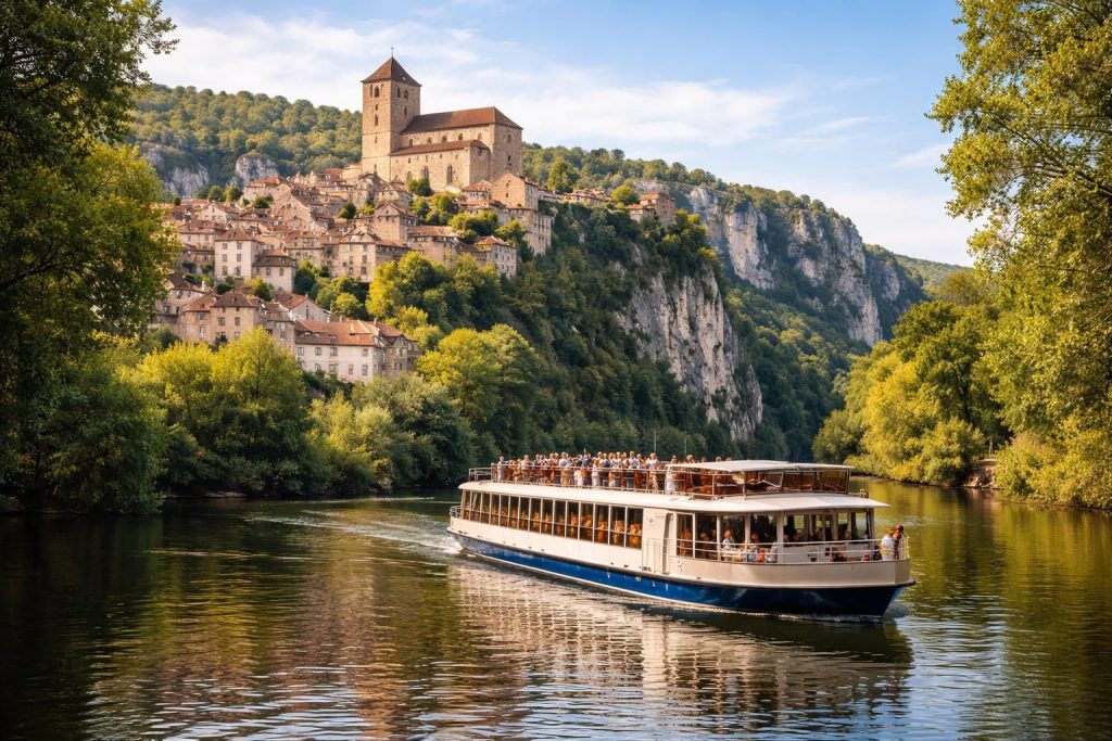 découvrez les croisières autour de saint-cirq-lapopie, un village médiéval magnifique surplombant la rivière lot. profitez d'une balade inoubliable alliant nature et patrimoine.